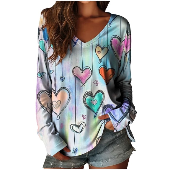 JSKUMAR Womens Valentines Shirts Cute Dye Colorful Heart Graphics Tops Casual Long Sleeve V Neck Blouses Clothes Outfit (Multicolor-25,XL)