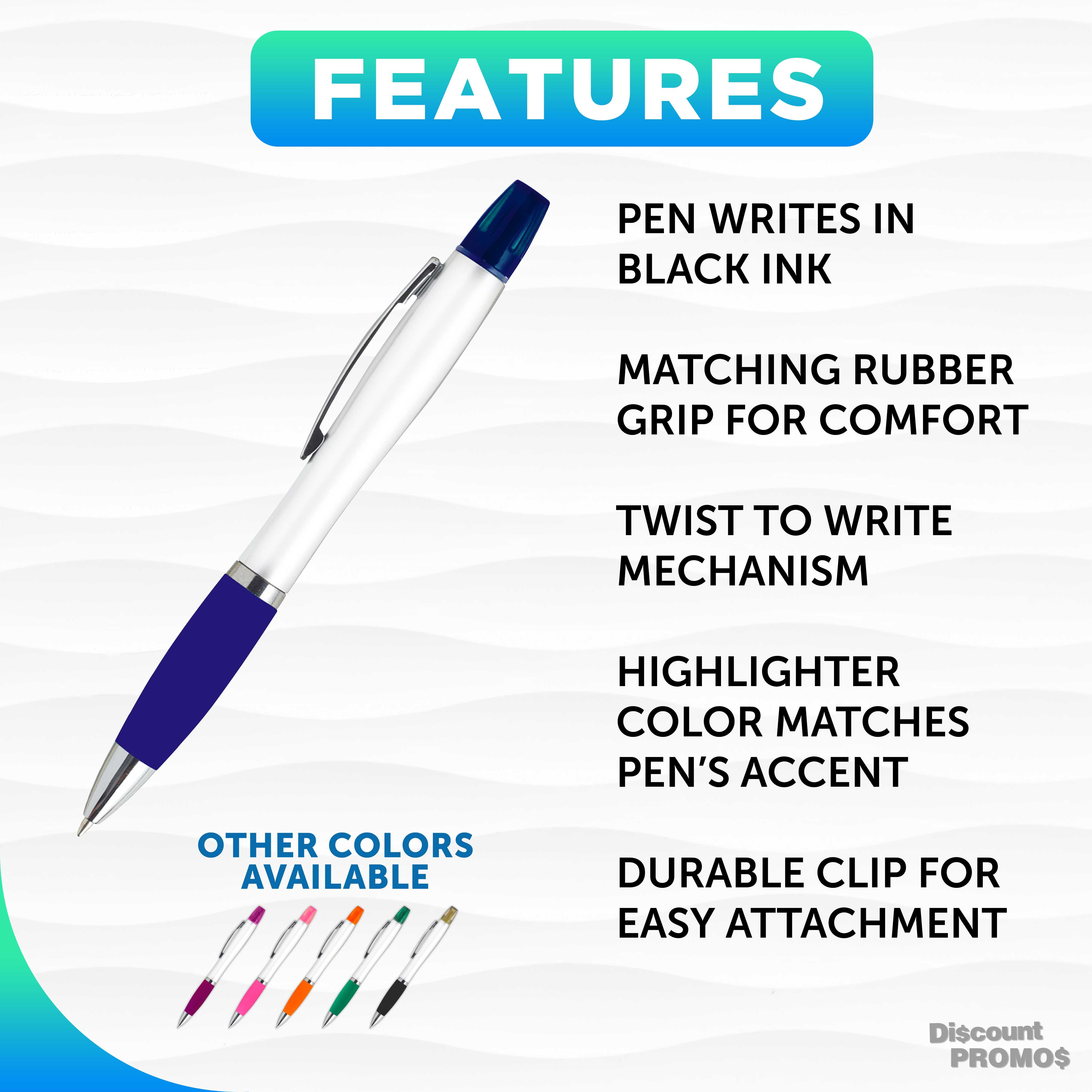 10 Plastic Highlighter Pens Pack - Rubber Grip, Black Ink - Blue