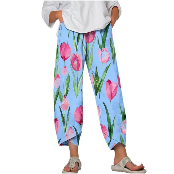 Pantalones de Mujer Traje Verano Cómodo de Moda Impreso Pantalones Recortados, Pantalones Elásticos Casuales