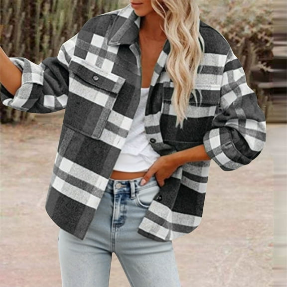 Fewfanhot Womens Fall Clothes Flannel Plaid Fall Outfits Long Sleeve Button Down Shirts Jacket Coats with Pockets