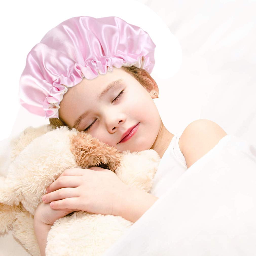 OUSITAID 3 Pieces Kids Satin Bonnet Sleeping Cap for Natural Hair Teens Toddler Child Baby Adjustable Satin Cap for Night Sleeping Reversible Double Layer Yellow/Pink/Sky Blue