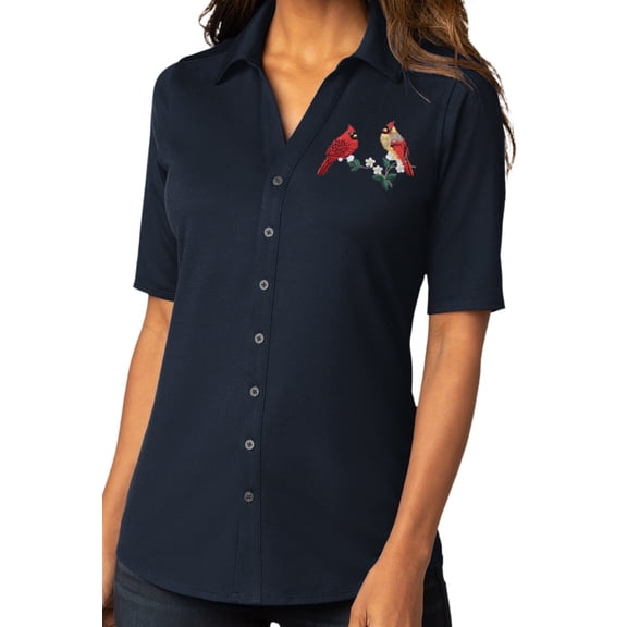 Womens Cardinal Couple on Branch Button-Down Stretch Shirt, Small River Blue