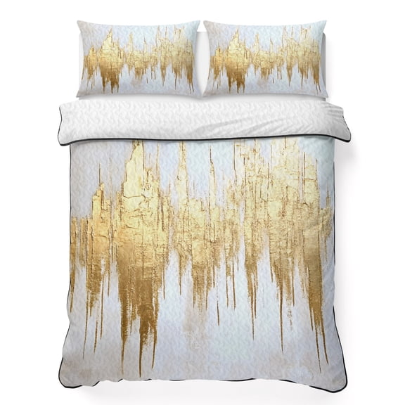Twin XL Quilt Set 68''x98'', Abstract Gold Lightweight Bedspread Coverlet Set with 2 Pillow Shams, Modern Minimalist Art White Gray Ripple Breathable All Season Quilt Bedding for Dorm/Guest Room