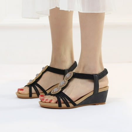 

XIAQUJ Fashion Spring and Summer Women Sandals Wedge Heel Open Toe Strap Style Slip on Elastic Back Strap Bohemian Style Sandals for Women Black 8(40)