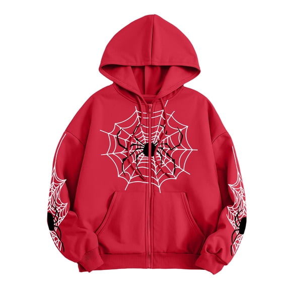 Unisex Spider Web Graphic Zip Up Hoodie Drawstring Long Sleeve Oversized Sweatshirt Gothic Streetwear Y2K Casual Jacket Halloween Tops Red S