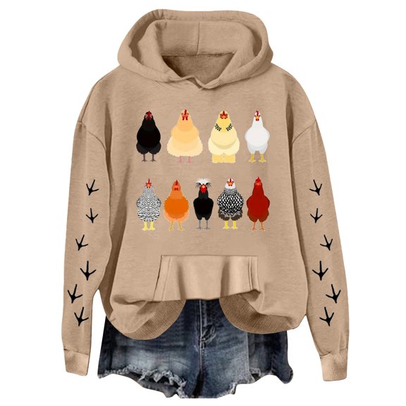 Women Casual Lightweight Loose Hoodie Sweatshirt for Women with Long Sleeve Chicken Graphic Pullover Hoodie Khaki L