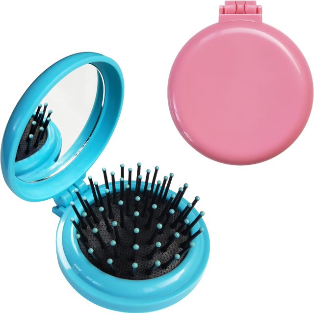 Brosse à Cheveux Pliante avec Miroir Peigne de Massage Compact Rond pour Filles et Femmes (Bleu Foncé+rose Foncé)