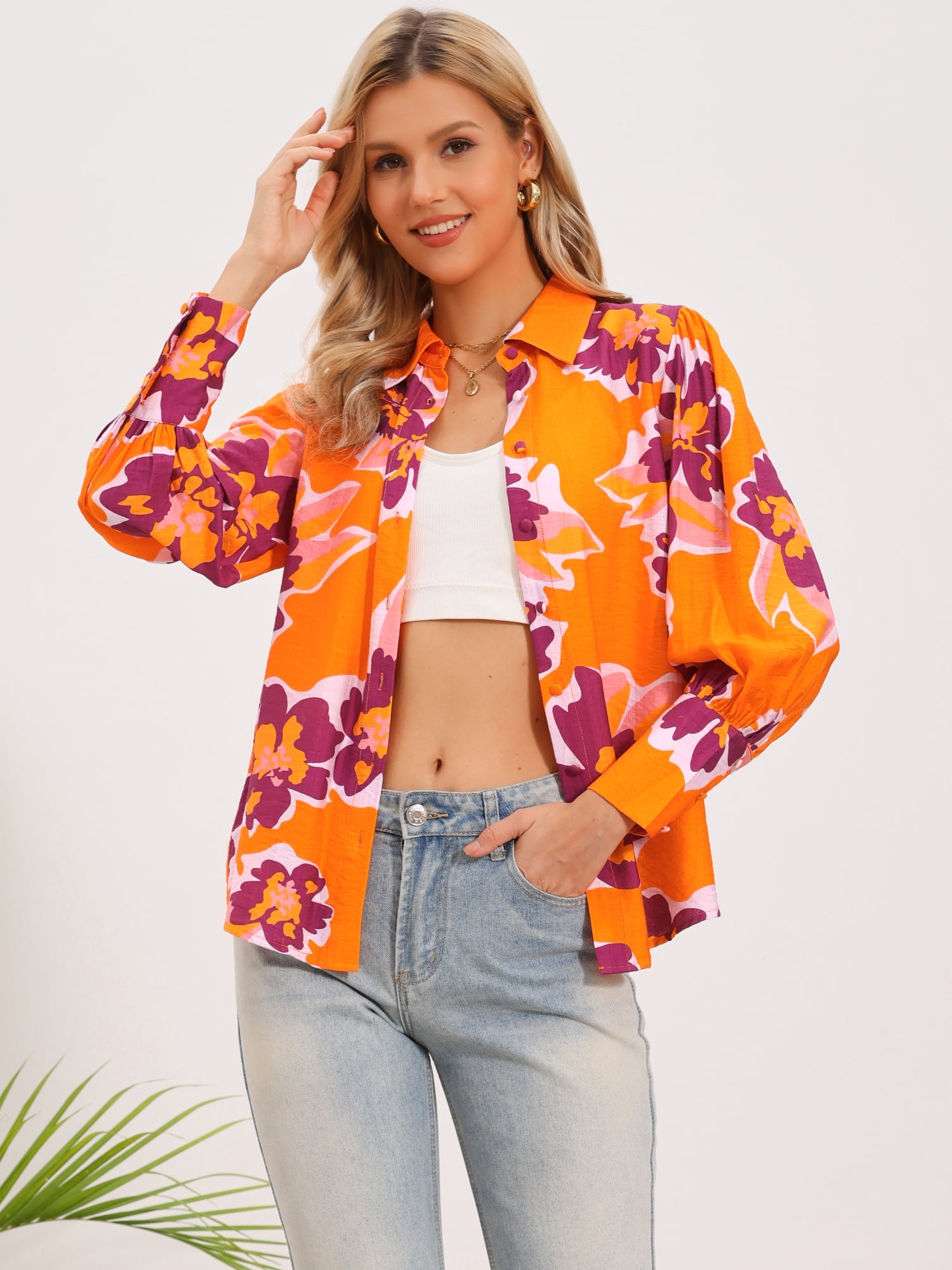 DARING DIVA Women's Boho Floral Blouse Shirt Lantern Long Sleeve Button Down M Orange