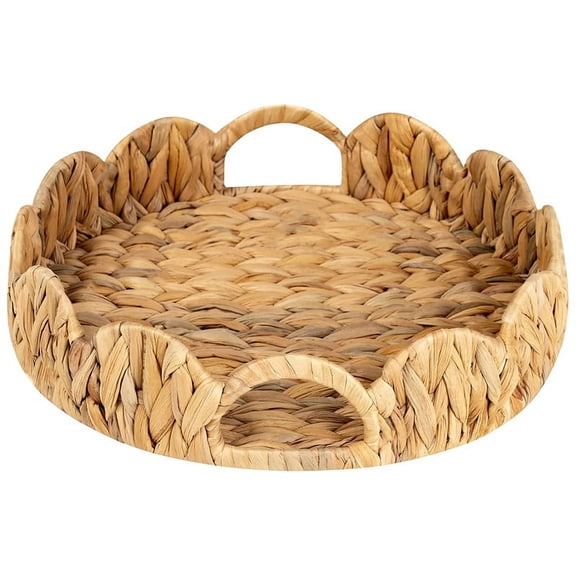 Scalloped Edge Round Tray, Serving Tray with Built-in Handles, Decoratve for Coffee Table, Rattan