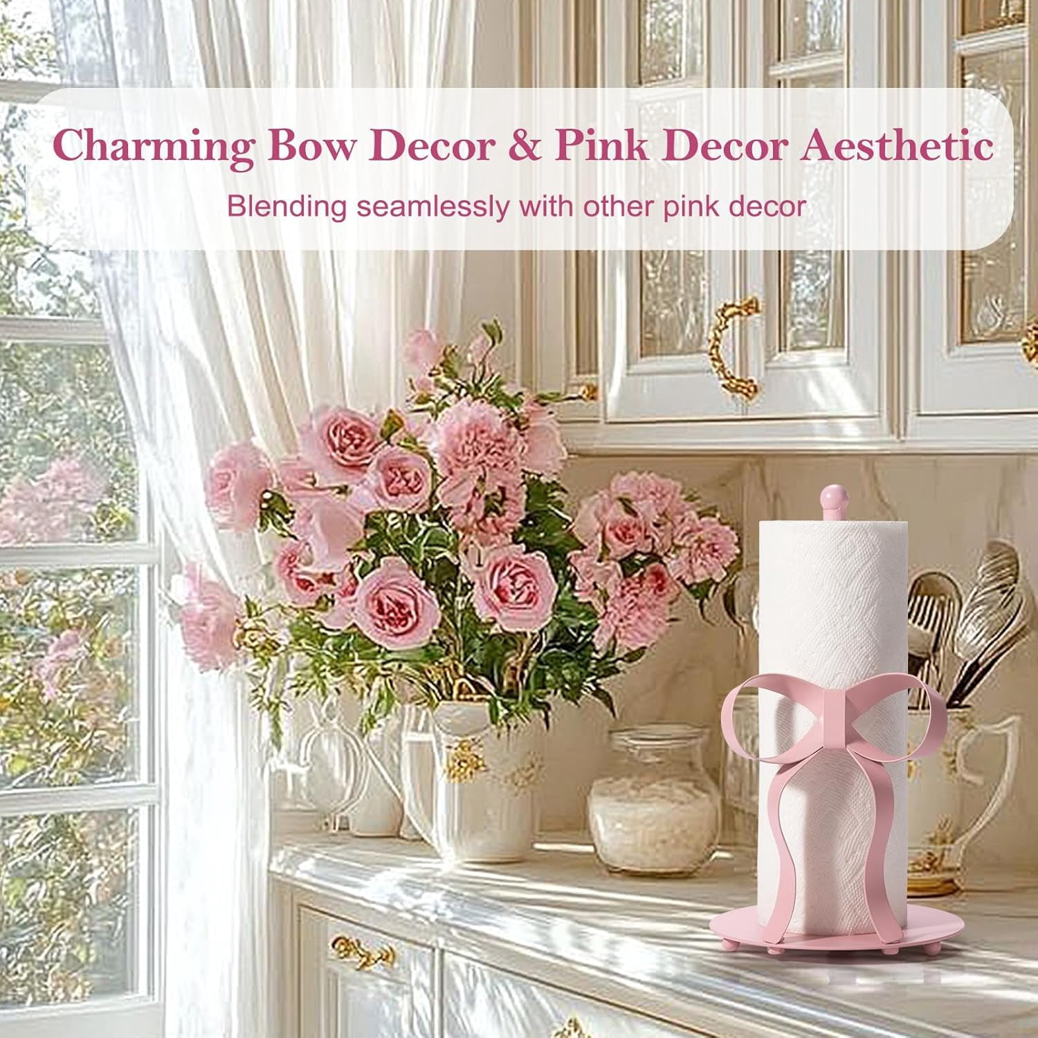 ThrottleT - Pink Bow Paper Towel Holder Coutertop - Bow Accent Paper Towel Holder, Pink Kitchen Decor and Accessories, Coquette Room Decor Girly Gifts for Women, 3D Handmade Pattern, Weighted Base