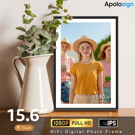Apolosign 15.6 Inch WiFi Digital Picture Frame 32GB Smart 1080p FHD IPS Touchscreen Photo Frame with Auto Rotate Motion Sensor and Wireless App Sharing for Desk or Wall