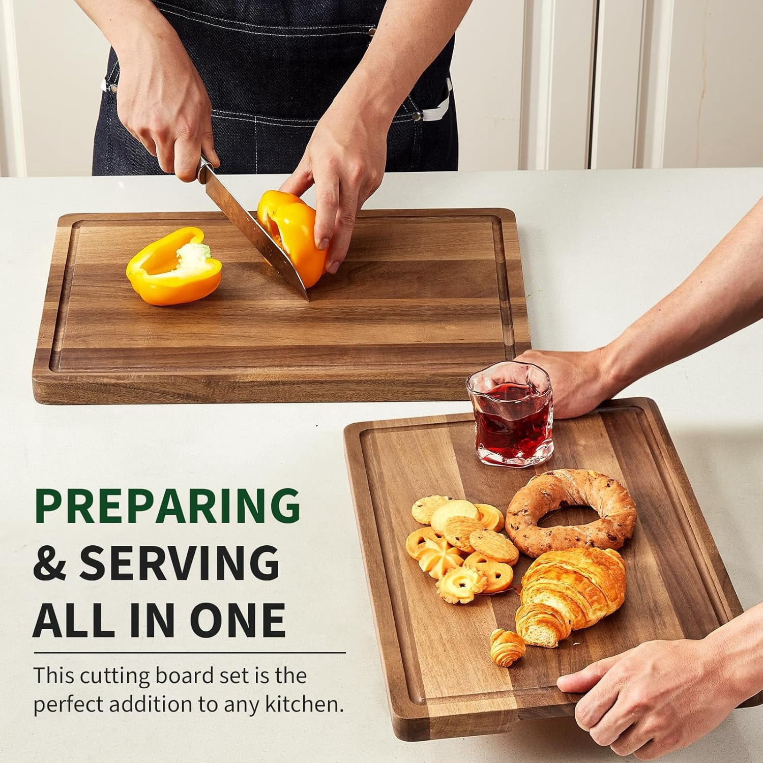 Large Natural Acacia Wood Cutting Board for Kitchen, 18x12" Reversible Butcher Block Chopping Board with Deep Juice Groove and Side Handles, Ideal for Meat, Vegetables & Cheese, Natural