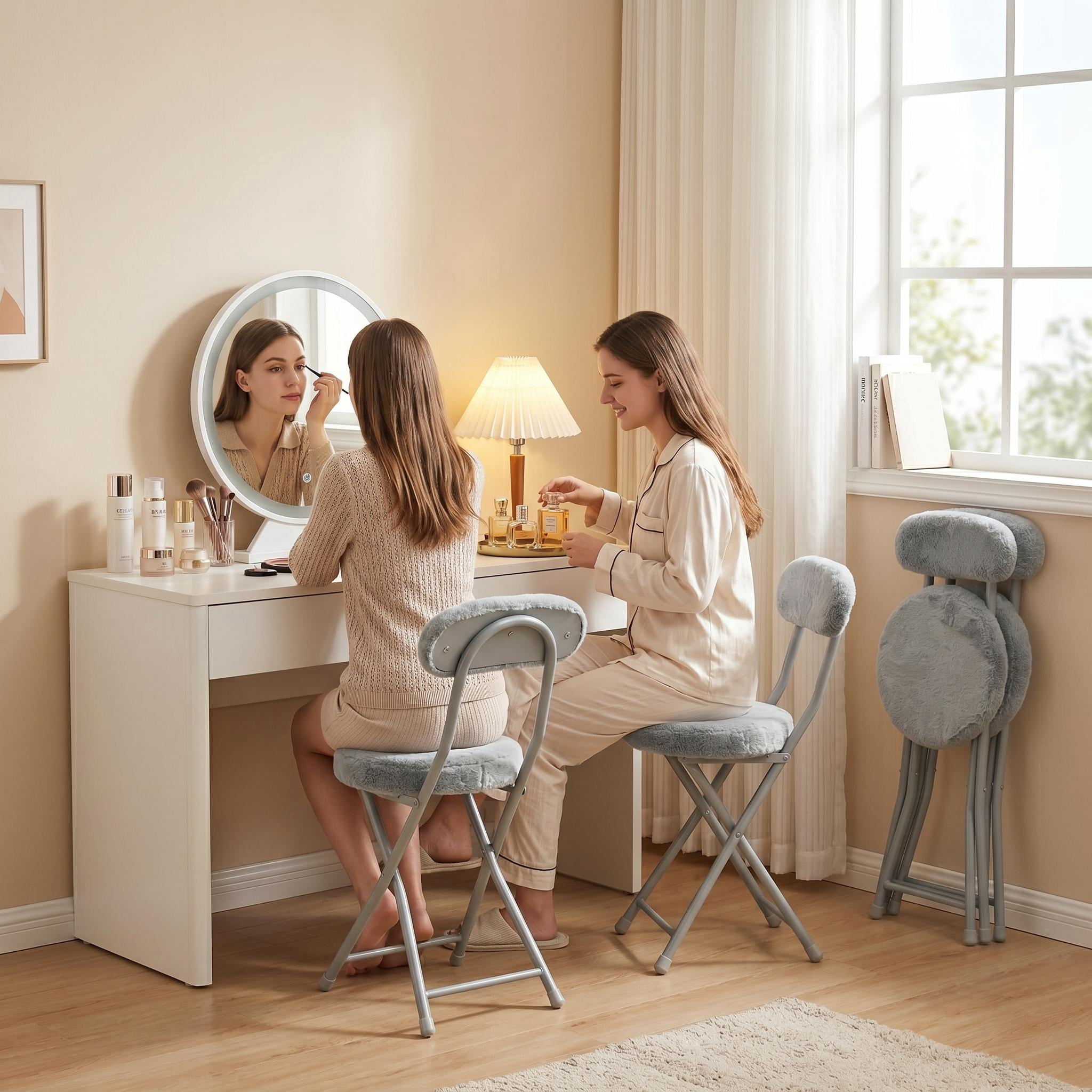 Homy Casa Folding Vanity Chairs Set of 4, Faux Fur Makeup Chairs for Small Spaces, Gray