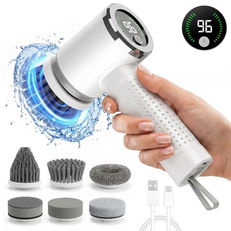 Amiluo Electric Spin Scrubber, 2000 mAh Battery Cordless Handheld Cleaning Brush, 2 Speeds Power Scrubber with 6 Replaceable Heads & Display for Bathroom/Shower/Sink/Tub, White