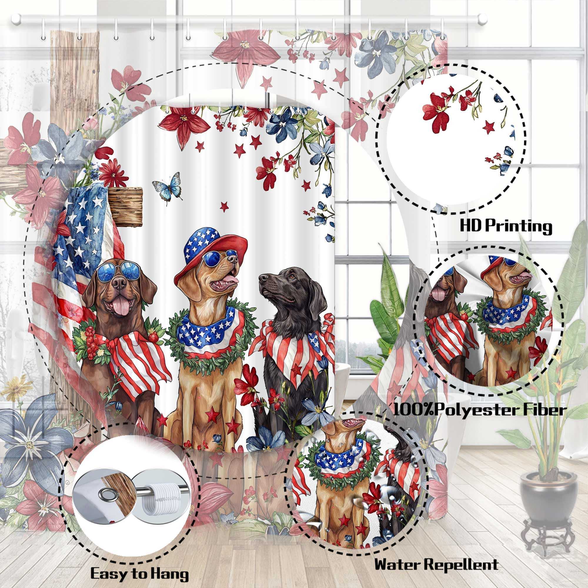 4th of July Dog Shower Curtain, Red White and Blue Patriotic Memorial American Flag Independence Floral Shower Curtain Sets, Rustic Holiday Waterproof Fabric Bath Curtains with Hooks, 60X70in