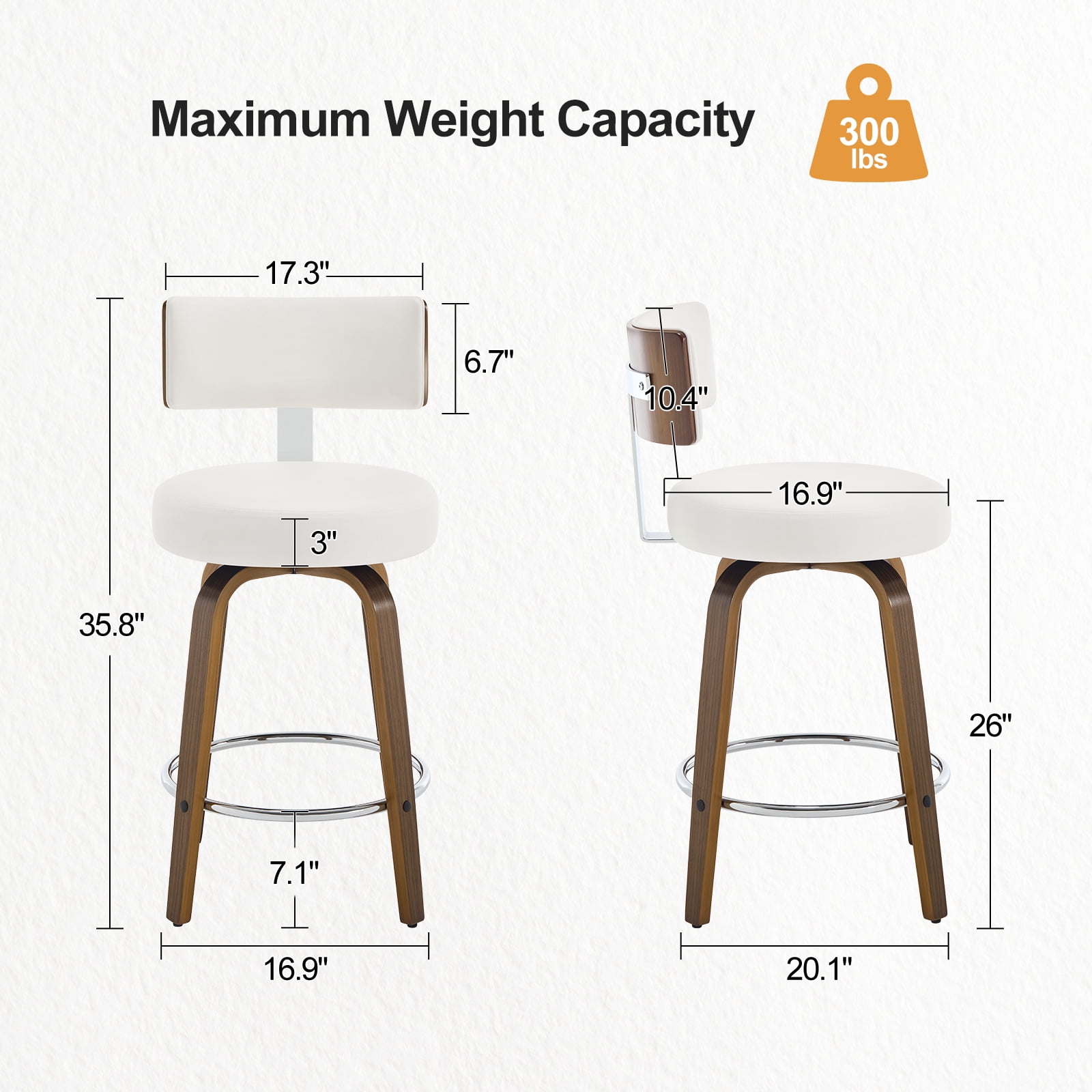 WOOW DEPOT PU Swivel Bar Stools Set of 2, 26" Seat Height Modern Upholstered Bar Chairs w/ Mid-back Round Seat Walnut Legs Leather Island Stools for Kitchen Counter