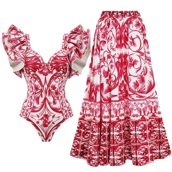 Flaxmaker Women One Piece  Baroco Style Printed Double ruffles Padded Swimsuit and Skirt Two Piece Bathing Suit Swimwear