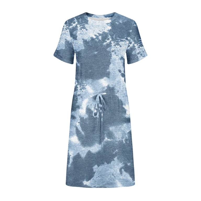 Womens Summer Short Sleeve T Shirt Dress Tie-dye Floral Print Office Work  Casual Pockets Tie Waist Mini Dresses (S, Blue) - Walmart.com