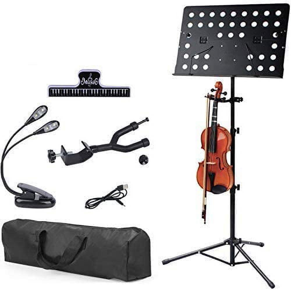 Professional Sheet Music Stand with Violin Hanger, Folding & Portable Violin Stand With Travel Case, Black