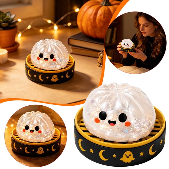 Halloween Squishy Dumpling, Halloween-themed Realistic Bun Squeeze Toy With Steamer, Cute Halloween Ghost Squishy, Slow Rising Stress Relief Halloween Toys For Adults Kids
