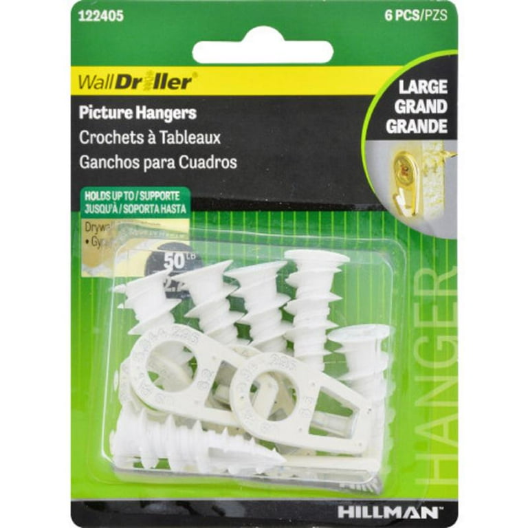 Hillman Wall Driller Brass-Plated White Drywall Picture Hook 50 lb 6 pk Hillman Wall Driller Brass-Plated White Drywall Picture Hook 50 lb 6 pk