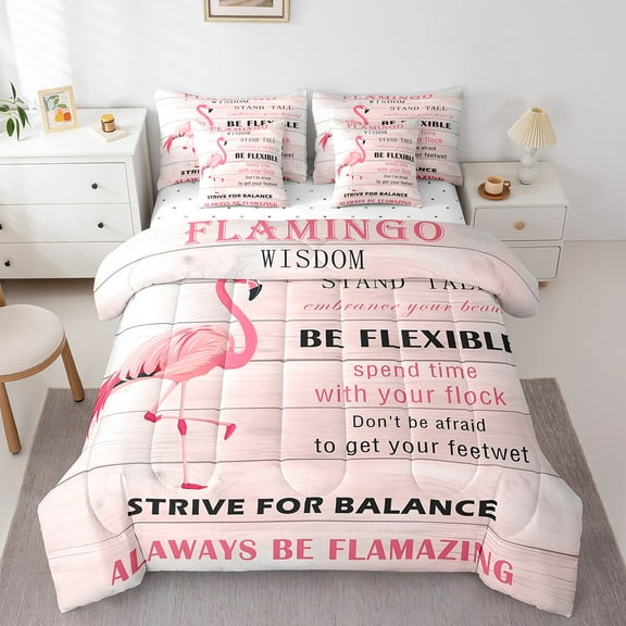Erosebridal Pink Flamingo Bedding Twin Size, Wooden Plank Bedding Sets Twin Size, Lake House Reversible Comforter Sets with Sheets, Super Cozy Room Decor, 7pcs