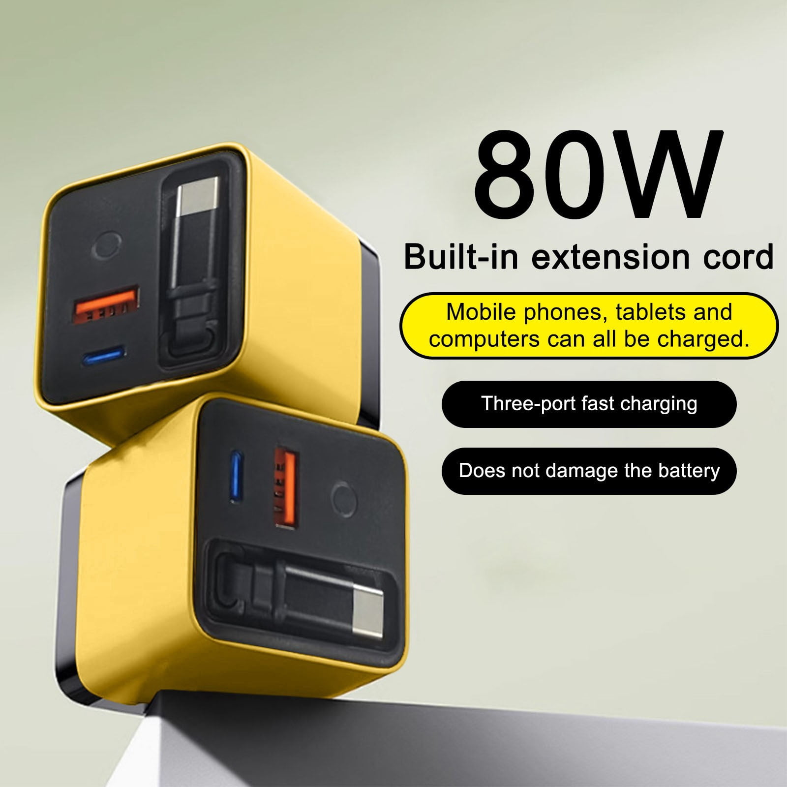 JoyHoop 80W Retractable Wall Charger with Built-in USB-C Cable, 3-in-1 Fast Charging for Laptops and Phones, Yellow