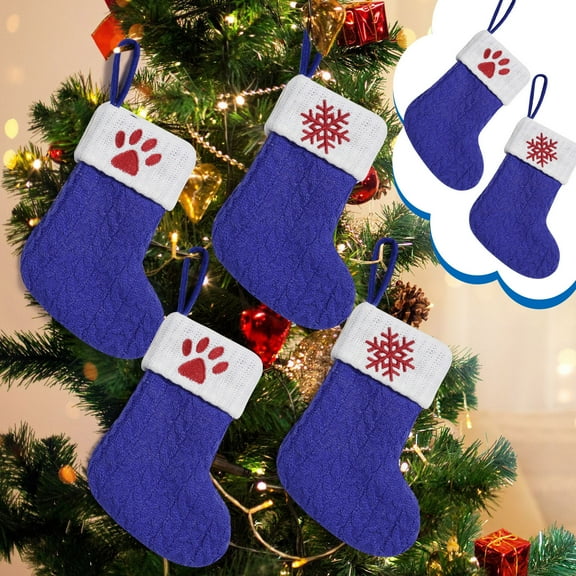 Gcvizuso Christmas Stockings, Clearance Christmas Decor, Knitted Hosiery Wool Hosiery Embroidered Dog's Paw Snowflake Children's Candy Gift Bag Blue Christmas Stocking Gift Bag