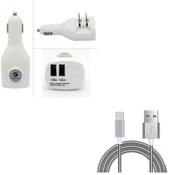 3ft Metal USB Cable w 2-Port USB Car Home Charger P9L for Acer Liquid Jade Primo - Alcatel PulseMix, 7, Idol 5S 5 4S - ASUS Zenfone V Live, ROG Phone, AR 6 5z 4 Pro - Blackberry Key2, Motion