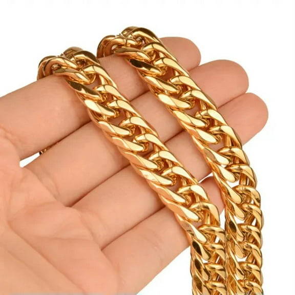 EOEMY 9mm-21mm Fashion 18K Gold Plated Stainless Steel Mens Curb Cuban Chain Necklace-11mm-16Inch Or 40Cm