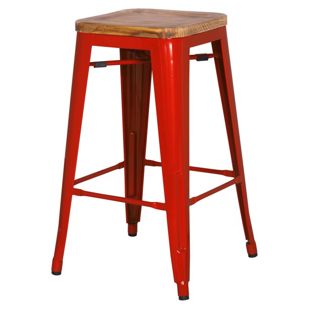 Metropolis Stackable Metal Backless Counter Stool With Wood Seat (Set