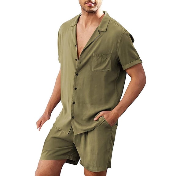 Bcfgryg Men'S Summer Linen Breathable Anti Wrinkle Two Piece Breathable Suit Rolled Sleeve Shirt Pants Set Men’s 2-Piece Sets