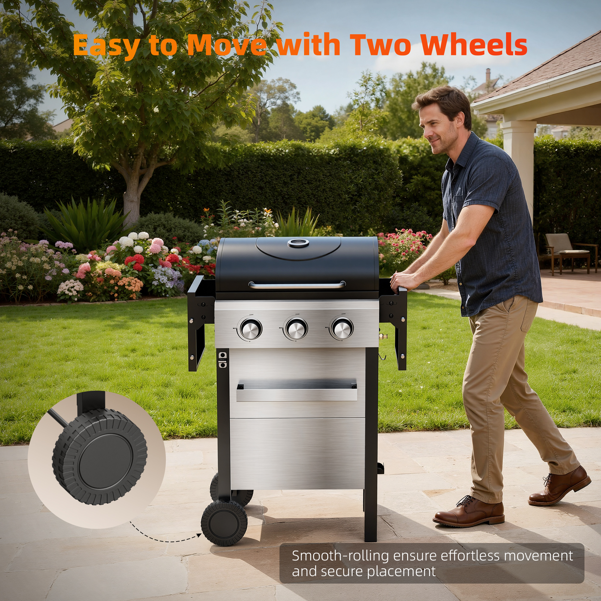 Biotree 3 Burner BBQ Propane Gas Grill, Stainless Steel 28,650 BTU Patio Garden Barbecue Grill with Two Foldable Shelves