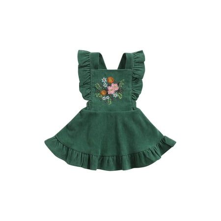 

Canrulo Infant Baby Girl Corduroy Ruffle Strap Dress Suspender Skirt Embroidered Overall Dress Outfits Green 9-12 Months