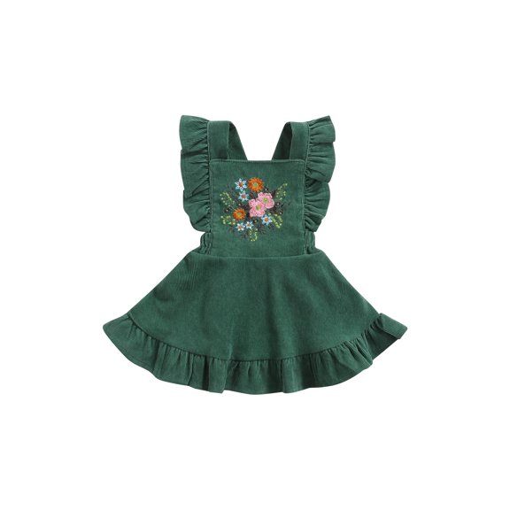 Canrulo Infant Baby Girl Corduroy Ruffle Strap Dress Suspender Skirt Embroidered Overall Dress Outfits Green 12-18 Months