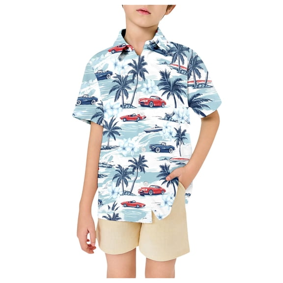 GUNIA Boys Hawaiian Shirt Short Sleeve Casual Button Down Kids Beach Vacation Shirts Tropical Summer Tops 3-15 Years Light Blue
