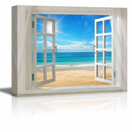 Open Sea Art Wall26 - Glimpse into Clear Sea and Beach Out of Open Window - Canvas Art Wall Decor - 36