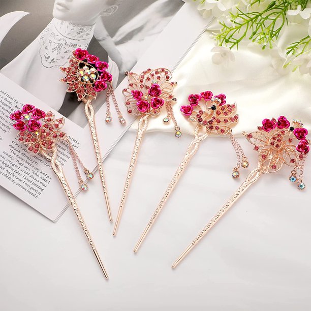 8 Pieces Rhinestone Flower Hair Stick Flower Crystal Hair Sticks