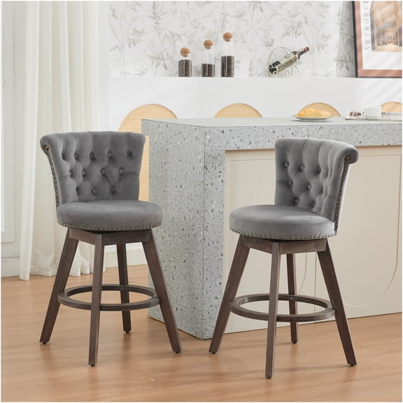 JERFIT Velvet Swivel Bar Stools Set of 2, Counter Height Stools with Back and Arms, Upholstered Kitchen Bar Stools, Tufted Button Design on Wood Legs, Gray