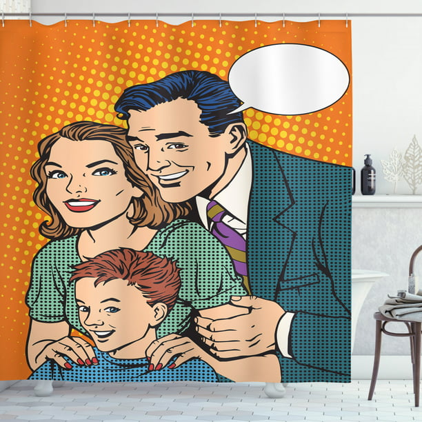 Family Shower Curtain, Happy Family Dad Mom and Son Pop Art Retro Style  Vintage Cartoon Illustration Print, Fabric Bathroom Set with Hooks, 69W X  70L Inches, Multicolor, by Ambesonne 