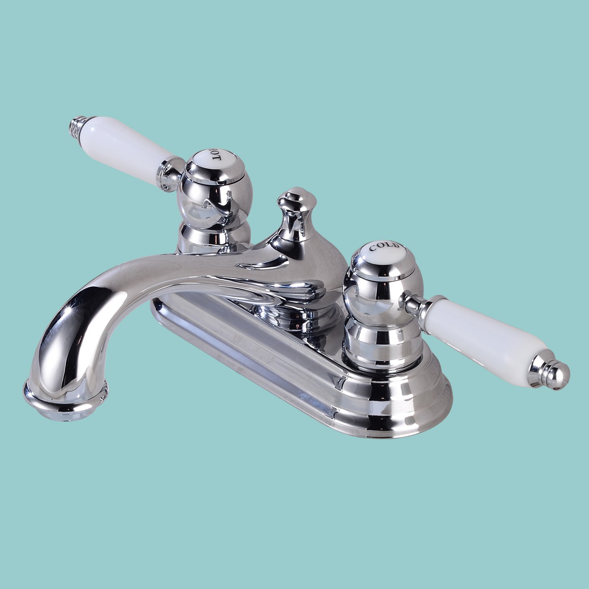 Chrome Polished Heavy Duty Brass Centerset Bathroom Sink Faucet 4" L Lux Belle Style White Double Handles Labeled Hot and Cold Accent Vanity Faucets with Supply Lines Renovators Supply Manufacturing