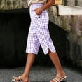 thumbnail image 2 of Women's Cotton Linen Capri Pants with Pockets Mid Elastic Waist Casual Soft Checkered Drawstring Lounge Summer Beach Travel Outdoor Cropped Pants for Women Capris | UKHCCC,Purple S, 2 of 9
