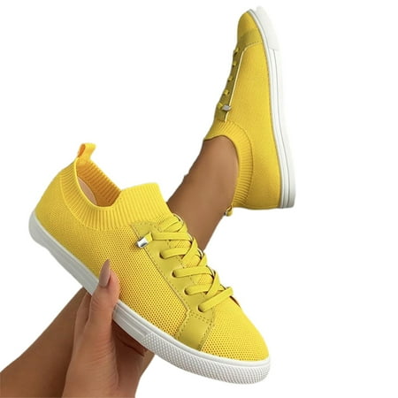 

Women’s Breathable Slip On Sneakers Solid Color Flat Shoes Lightweight Round Head Running Shoes Comfortable Yellow 41