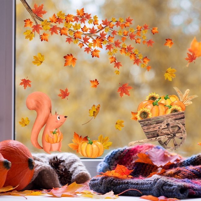 Pegatinas para ventanas: 1 magníficas pegatinas electrostáticas decorativas con patrón de hoja de arce de calabaza y ardilla para evitar que los pájaros golpeen sus ventanas