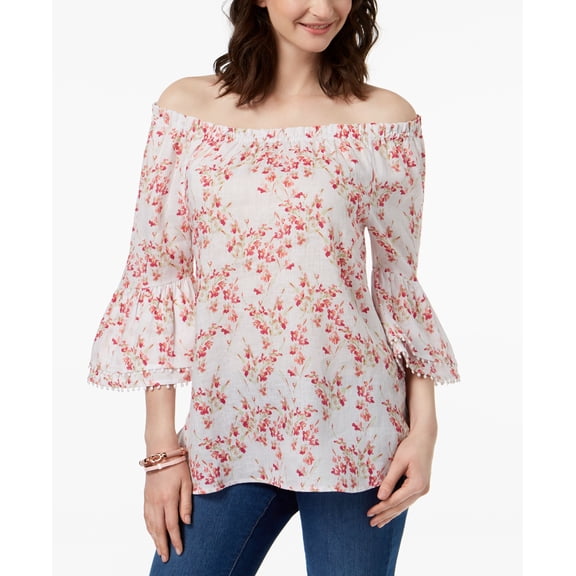 Charter Club Linen Bell Sleeve Top Bright White Combo XL