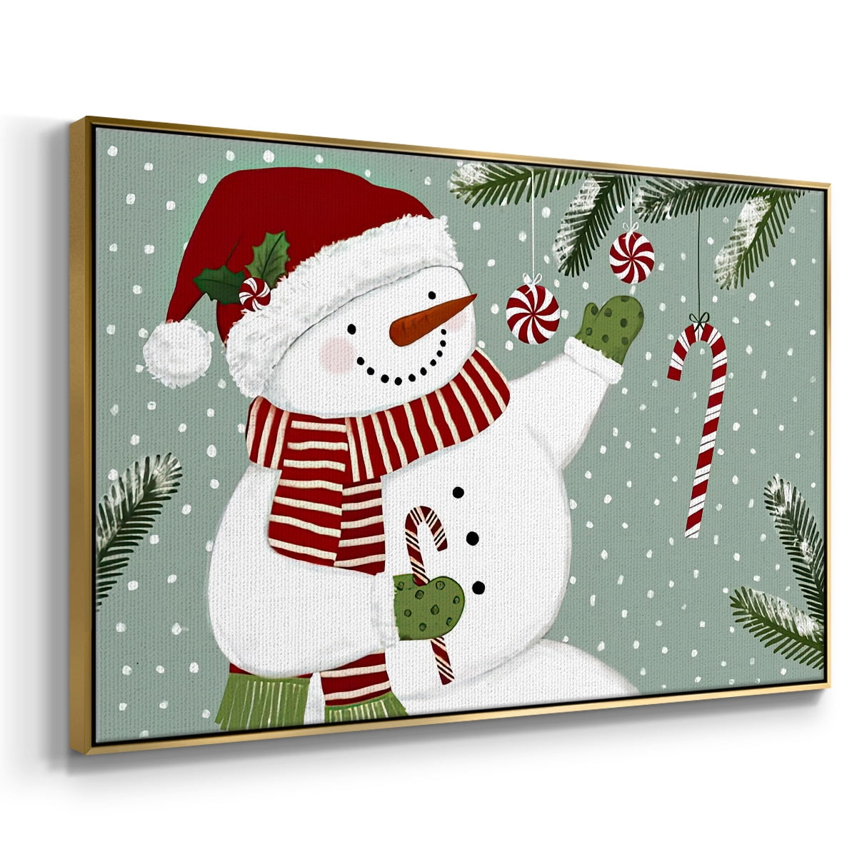 Peppermint Snowman Collection A - Framed Gallery Wrapped Holiday Canvas - 25 x 37 - Gold Frame