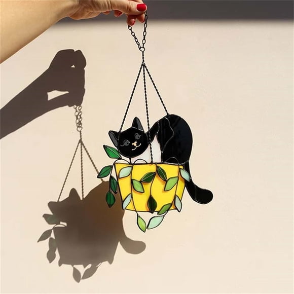 NANDIYNZHI Room Decor Cat In A Flowerpot Suncatcher Stained Glass Window Hangins Home Outdoor Pendant Cute Cats Acting Cute In The Sun Under $5 Black