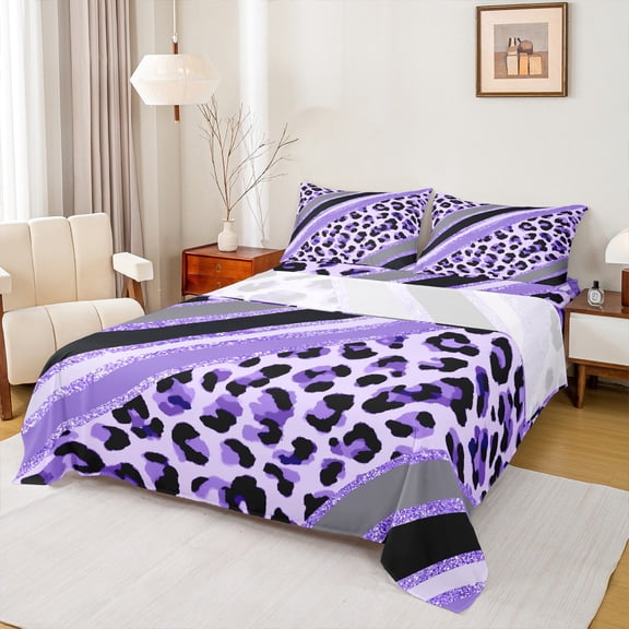 Homewish Dreamy Purple Polkadots Twin Sheet Sets, Leopard Cheetah Print Twin Fitted Sheet, Modern Fashion Flat Sheet, Super Cozy Room Decor, 3 Pieces