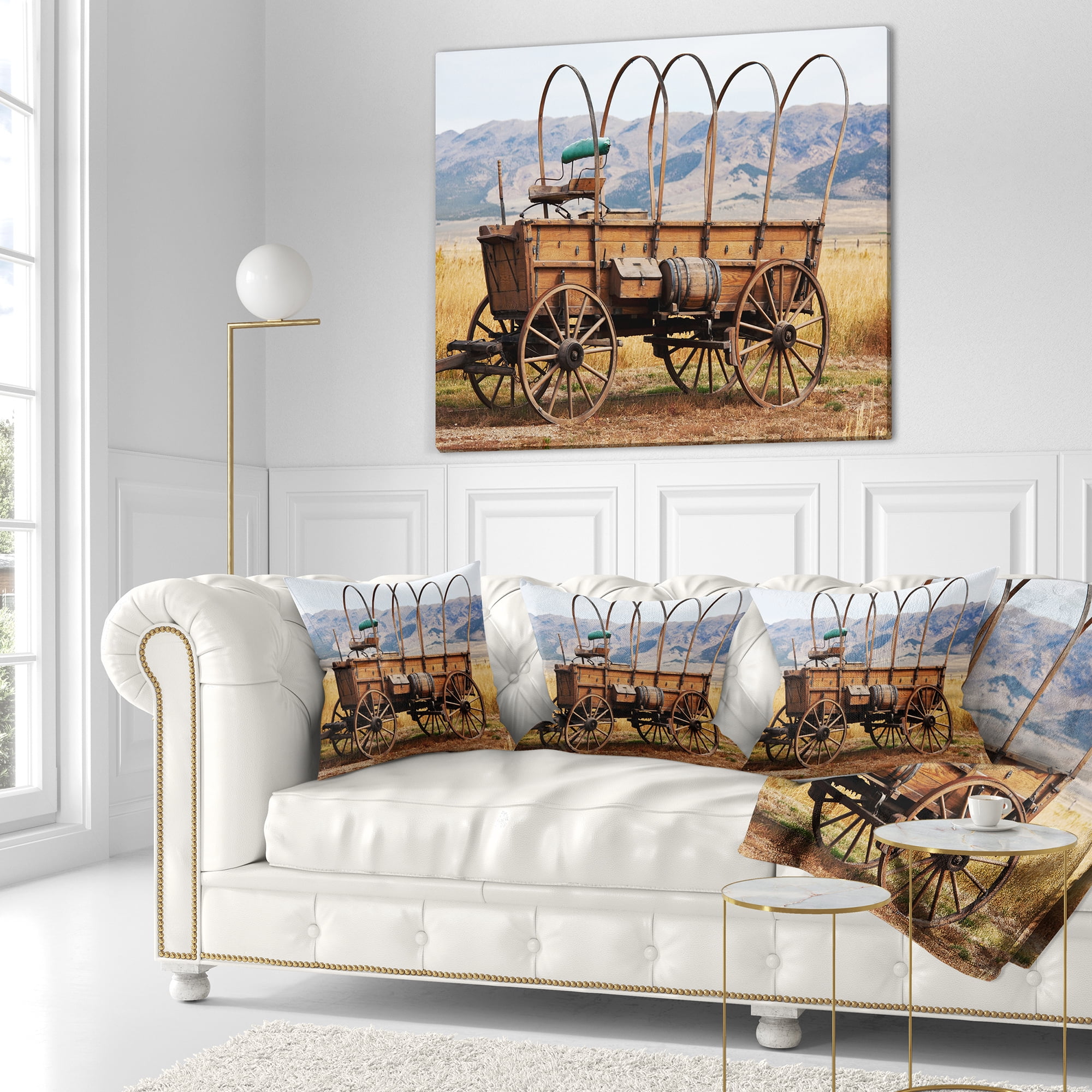 Designart Old American Cart in Grassland - Landscape Printed Throw Pillow - 16x16