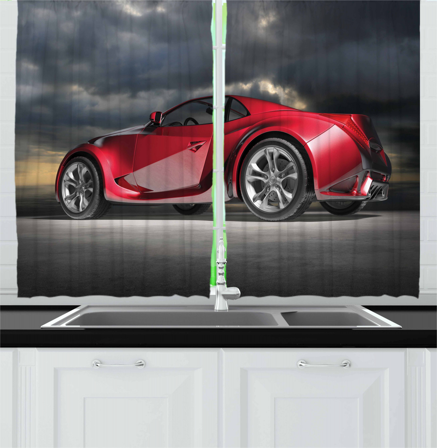 Cars Curtains 2 Panels Set, Modern Red Sports Car on Dramatic Sky